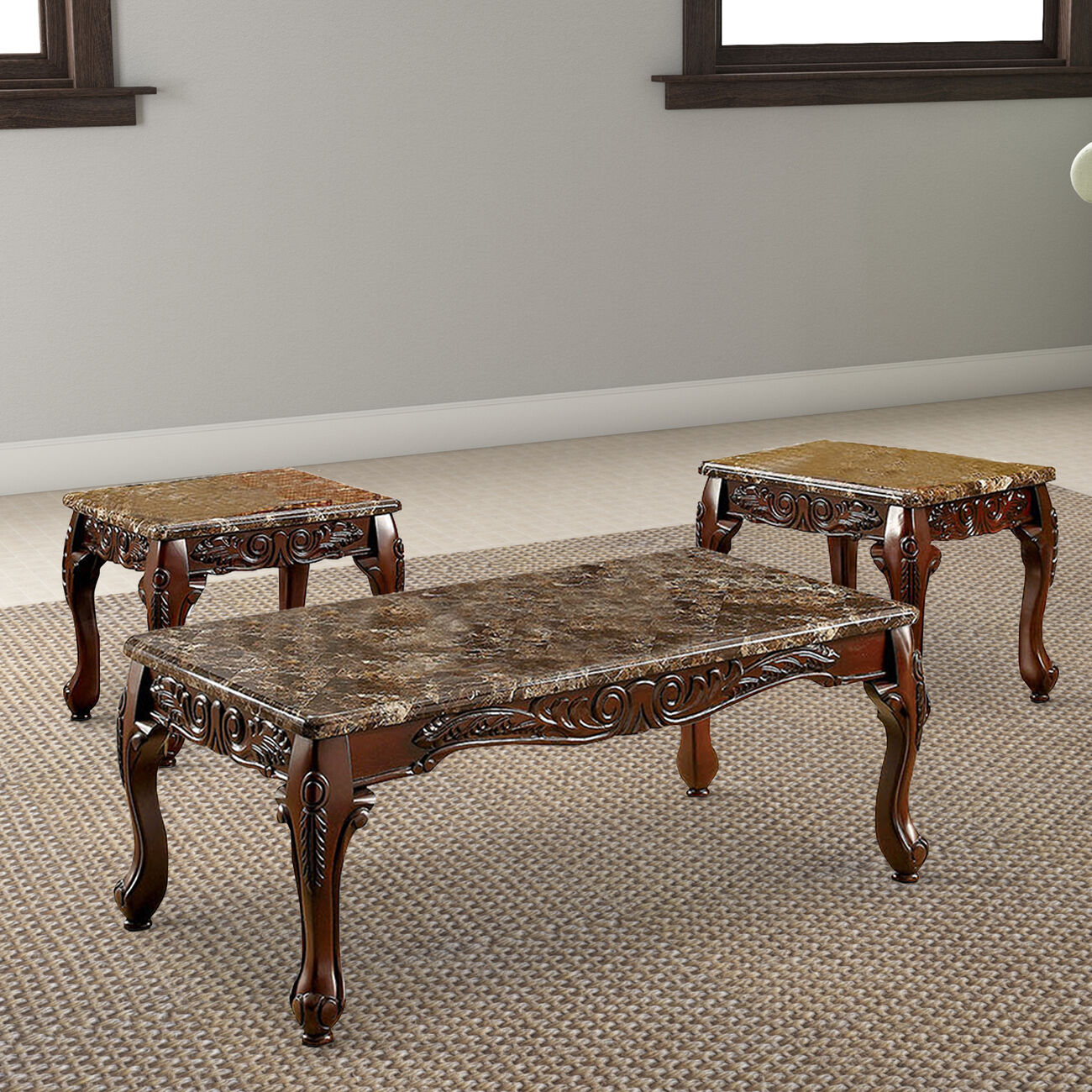 Wooden Coffee Table and End Tables Set with Faux Marble Top, Pack of 3, Brown