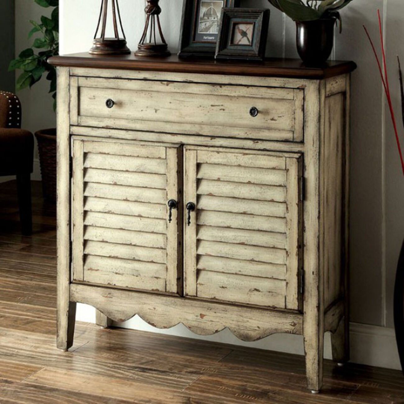 Hazen Country Style Cabinet, Antiqued White & Brown