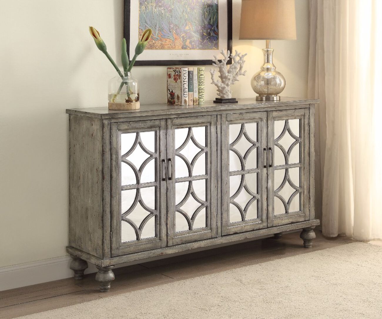 Velika Console Table With 4 Door, Weathered Gray