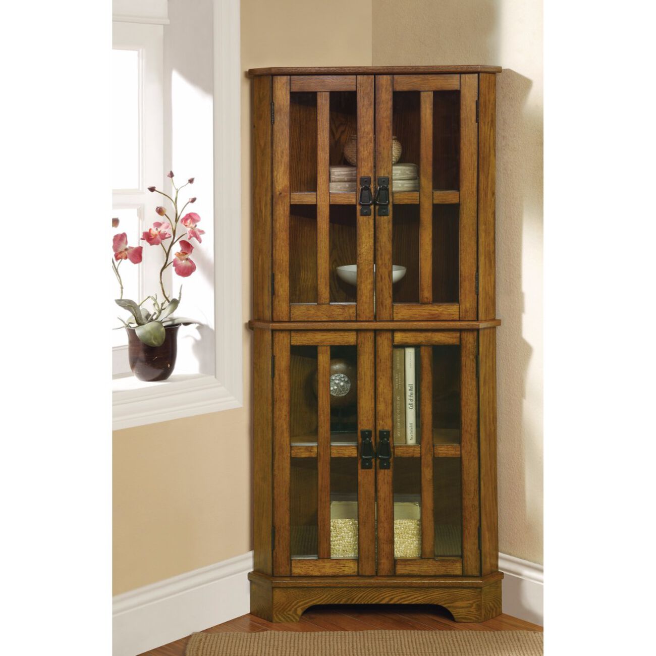 Corner Curio Cabinet With Windowpane-Style Door Fronts, Brown