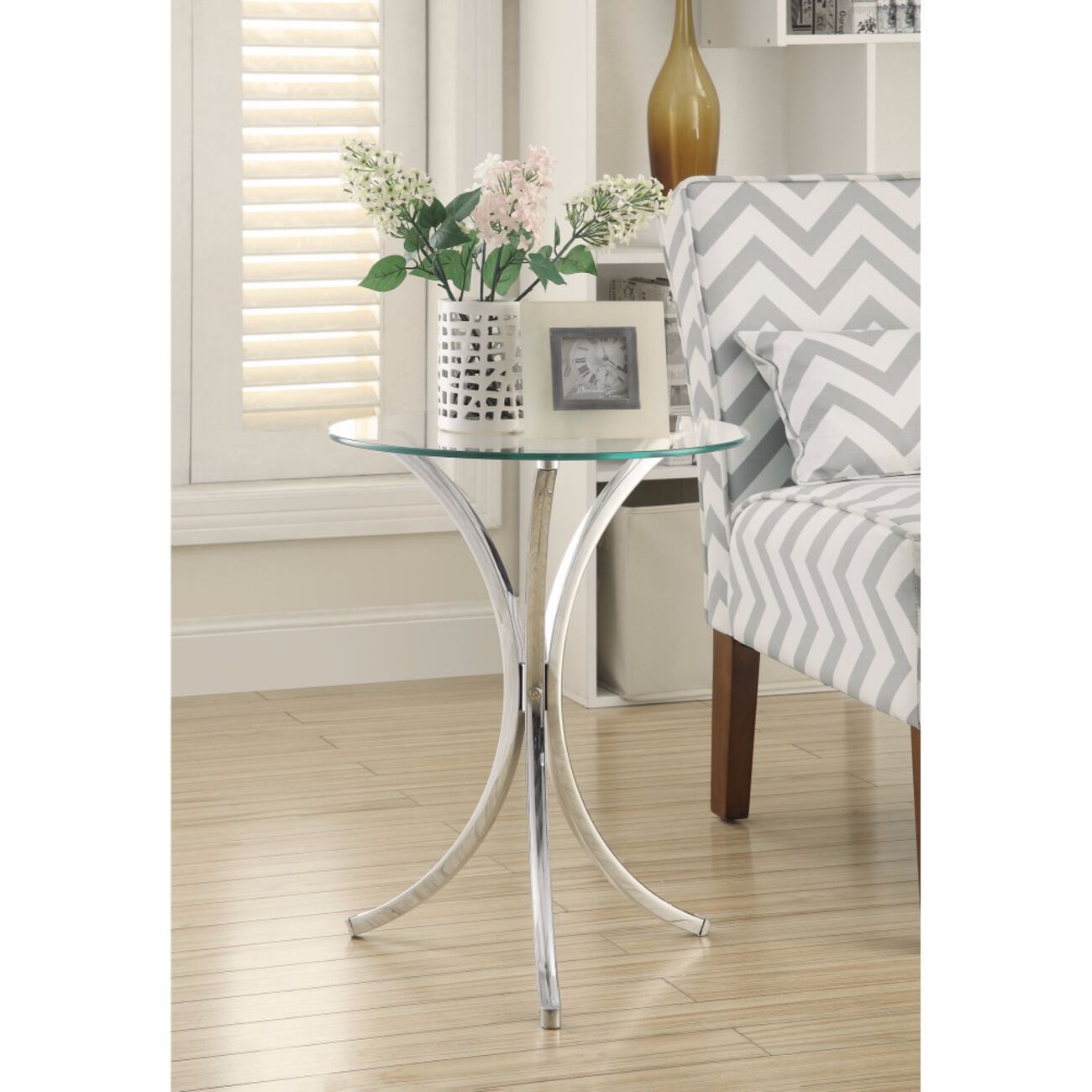 Modish Metal Accent Table With Glass Top,Silver And Clear