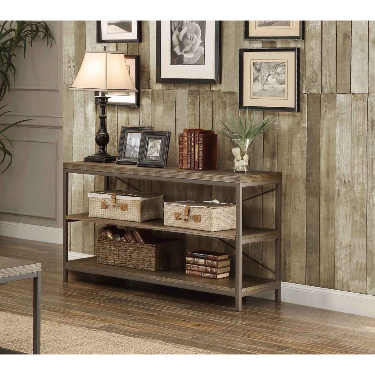Rectangular Sofa Table In Metal Frame With Grey Weathered Wood And Shelves, Grey