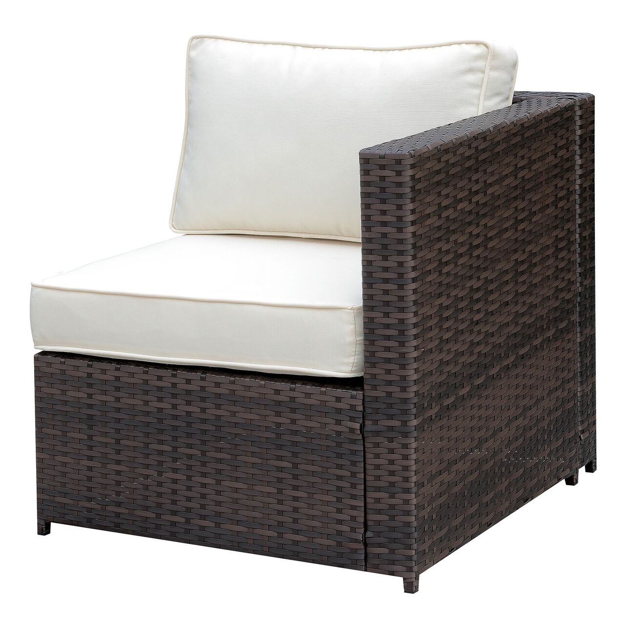 Faux Rattan Left Arm Chair with Seat & Back Cushions, Brown And Ivory
