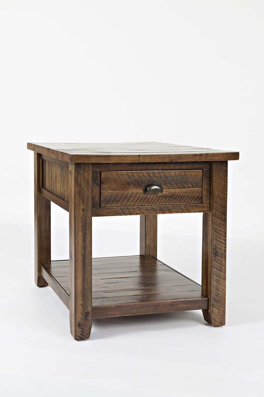 Wooden End Table With Drawer and Bottom Shelf,  Oak Brown
