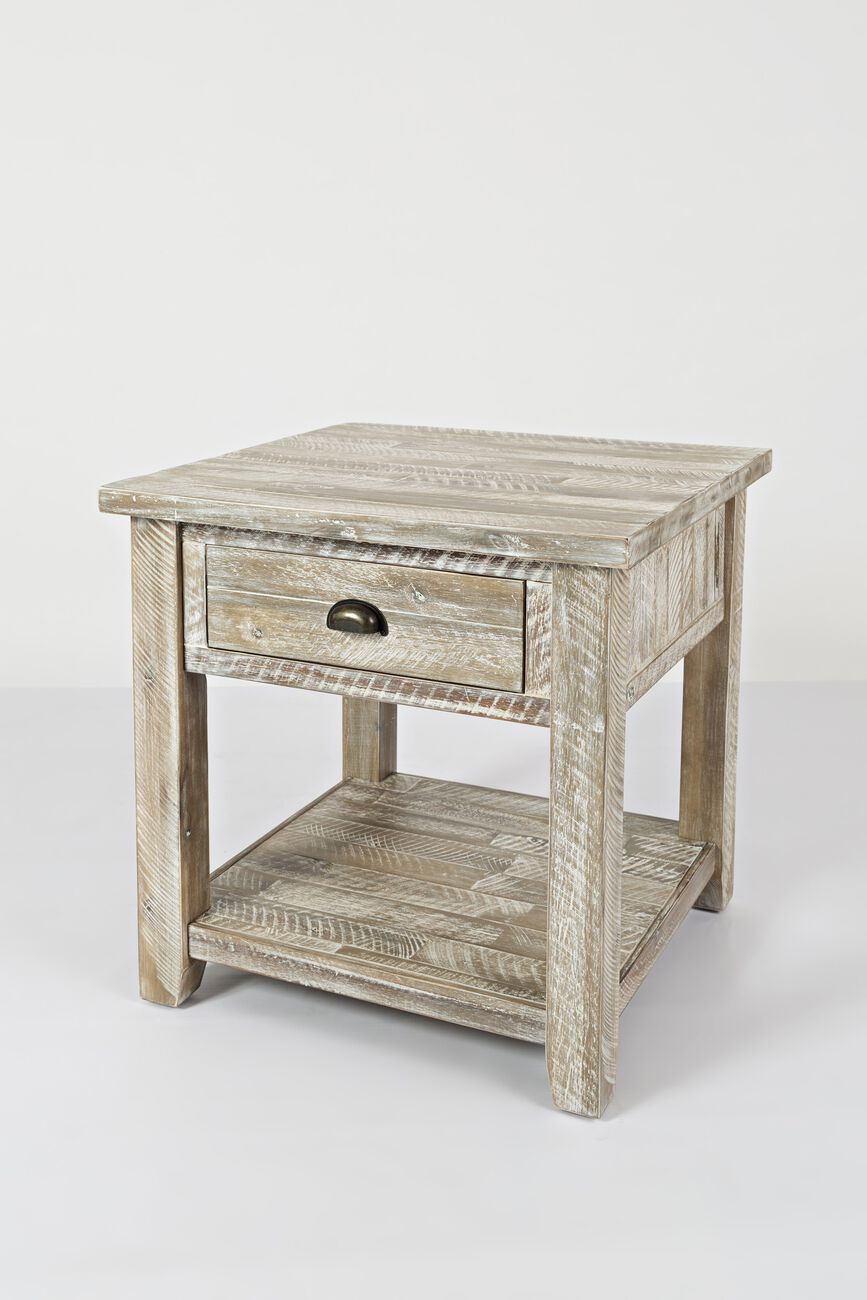 Wooden End Table With Open Shelf, Washed Gray