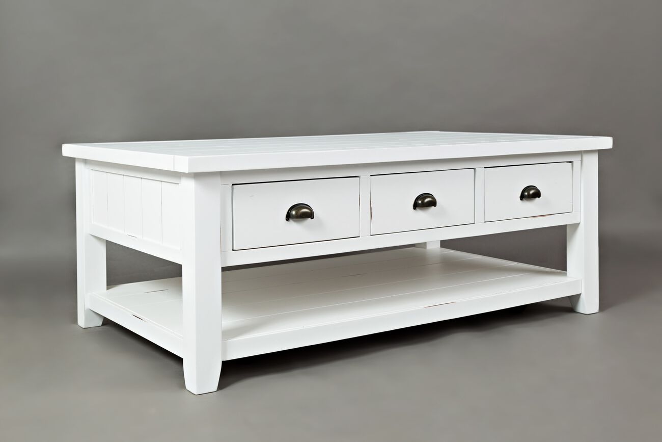 3 Drawer Cocktail Table With Open Shelf Beneath, Weathered White