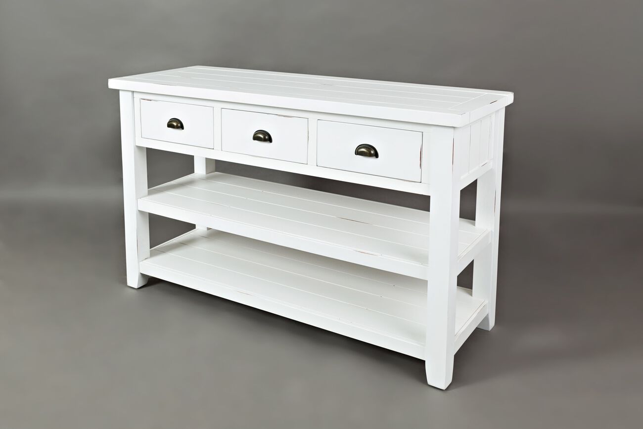 3 Drawers And 2 Open Shelf Sofa Table, Weathered White
