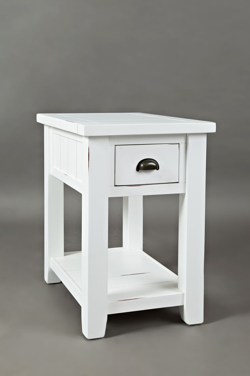 Wooden One Drawer Chairside Table In Weathered White Finish