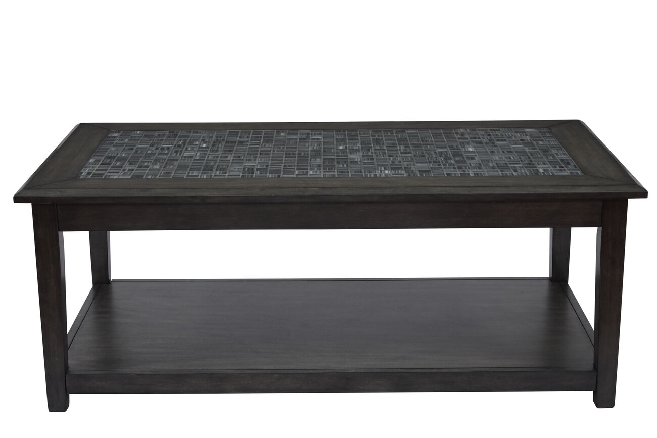Cocktail Table With Marble Tile Inlay And Lower Shelf, Dark Gray