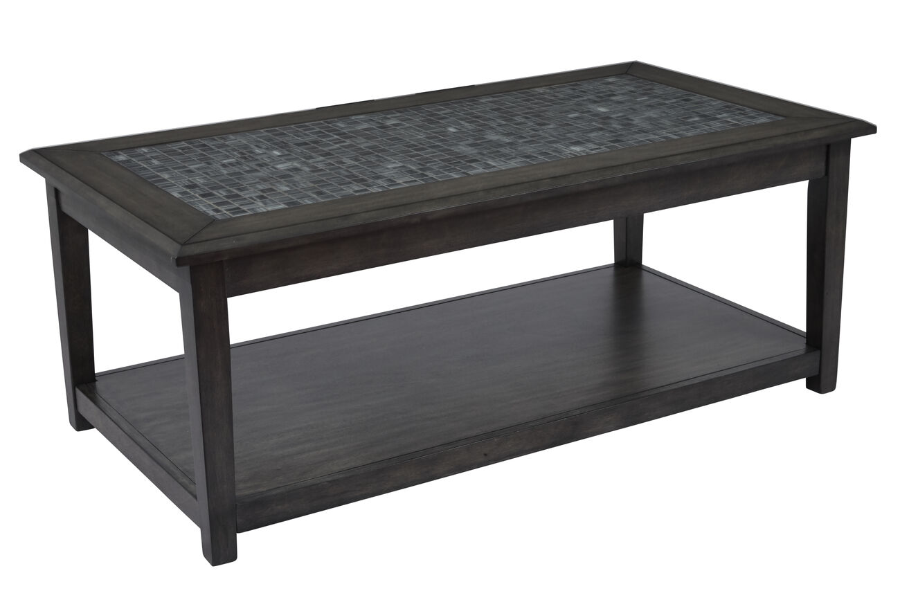 Cocktail Table With Marble Tile Inlay And Lower Shelf, Dark Gray
