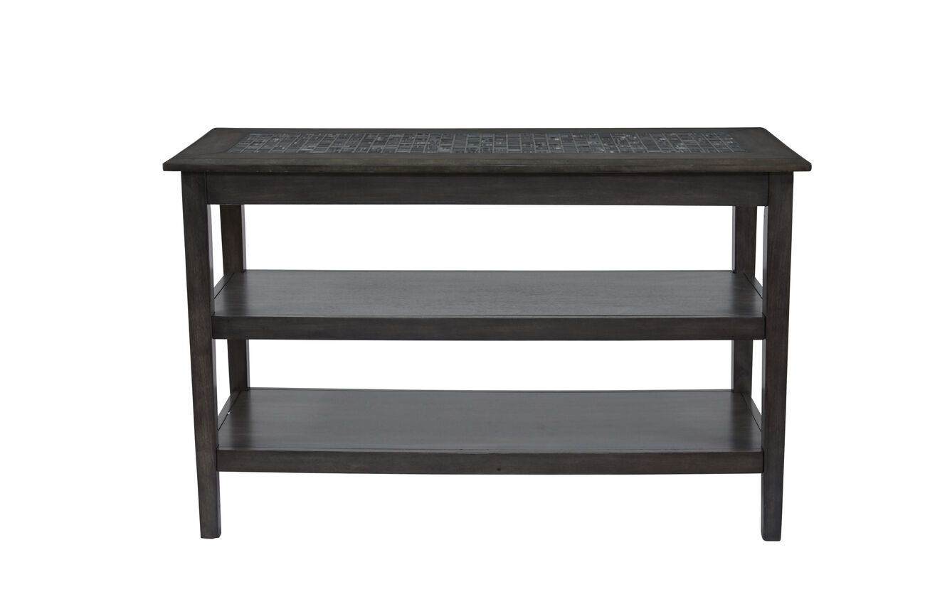 Wooden 2 Shelf Sofa/ Media Table With Marble Tile Inlay Top, Dark Gray