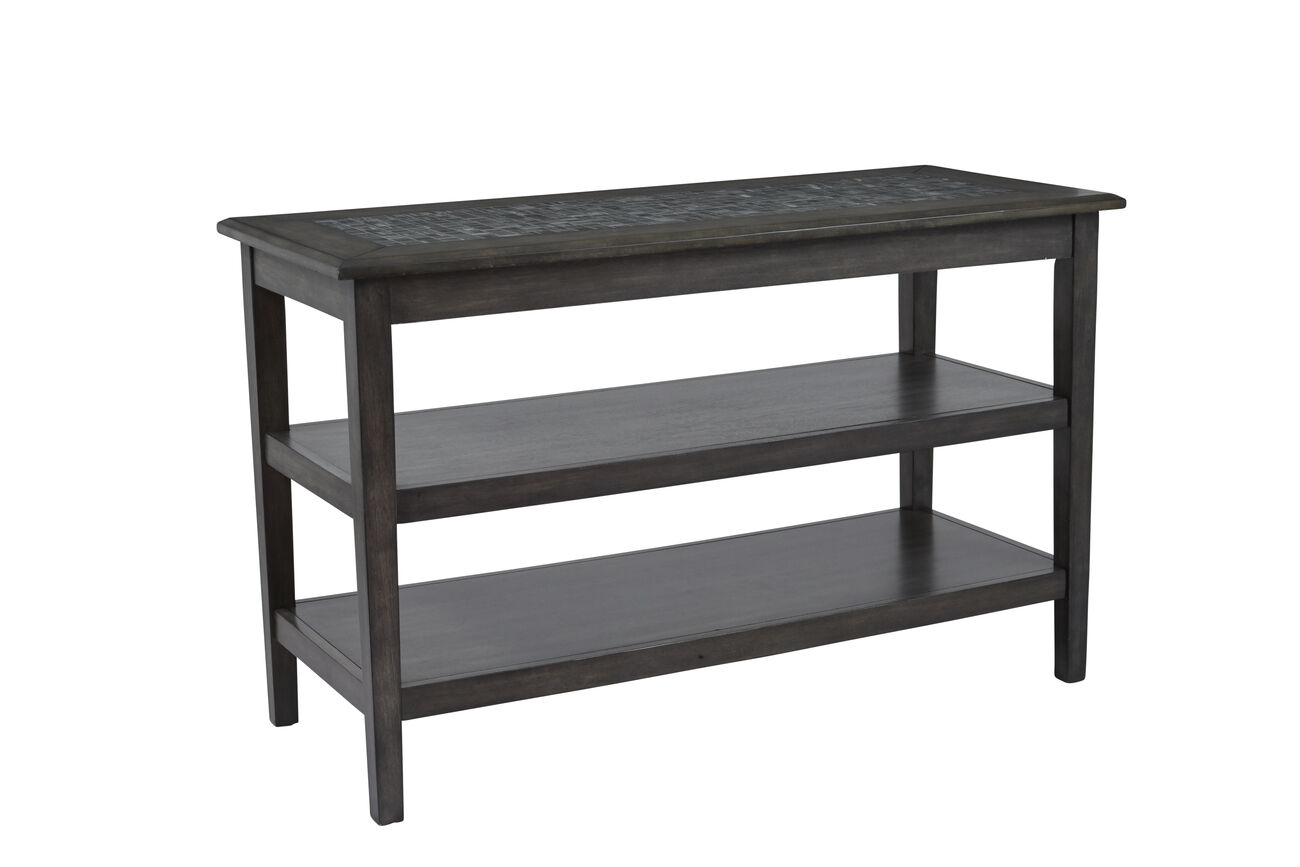 Wooden 2 Shelf Sofa/ Media Table With Marble Tile Inlay Top, Dark Gray