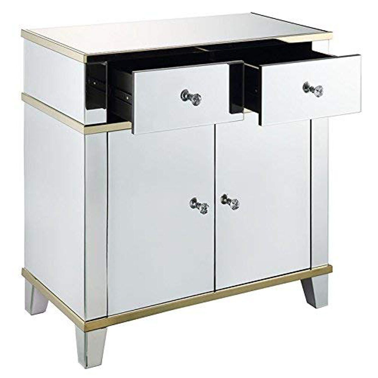 Fully Mirrored Wooden Console Table With Two Drawers And One Cabinet, Silver
