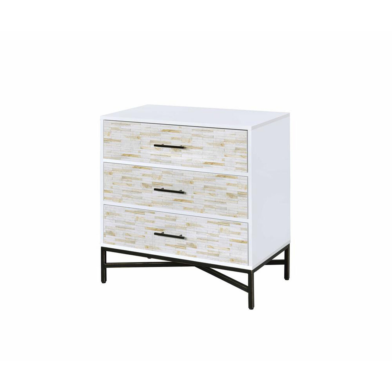 Patterned Three Drawers Wooden Console Table with Metal Base, White & Black