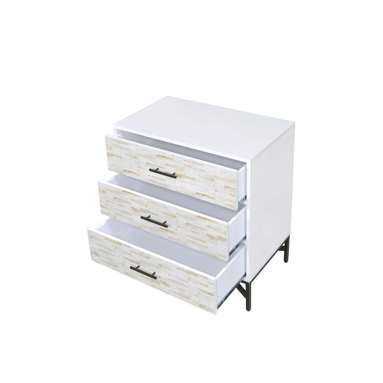 Patterned Three Drawers Wooden Console Table with Metal Base, White & Black