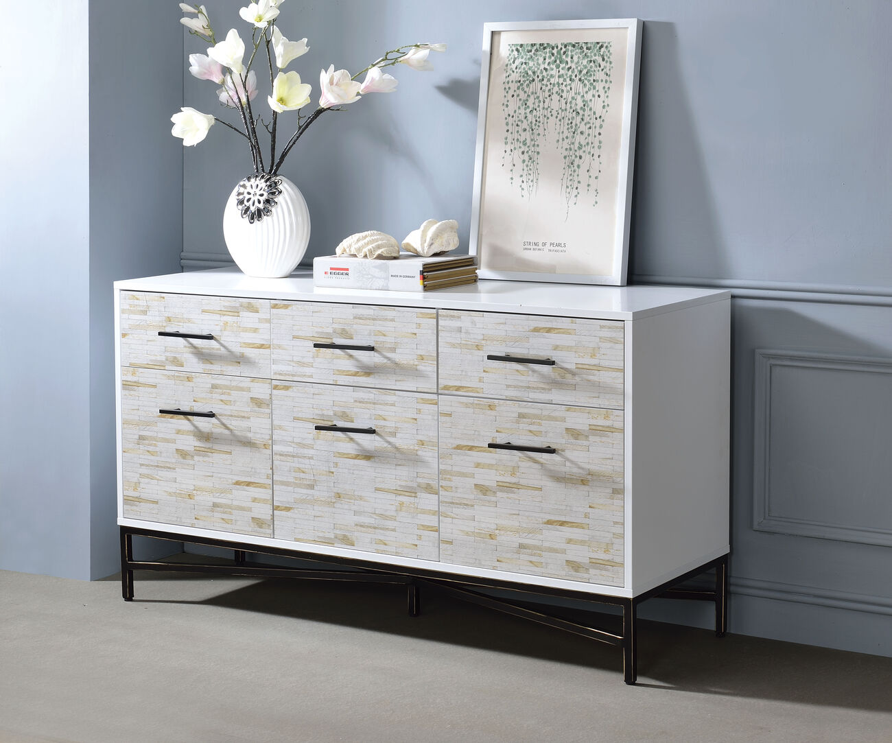 Wooden Console Table with Three Drawers And Two Door Cabinets, White & Black