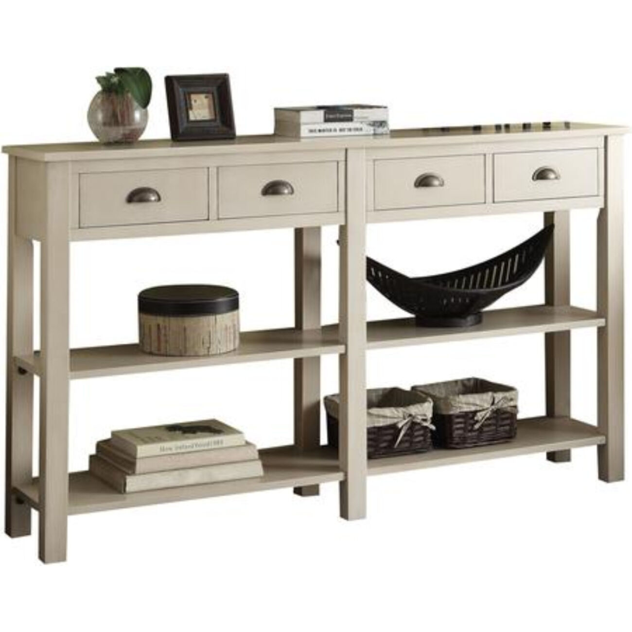 Wooden Console Table with Four Drawers and Two Shelves, Cream