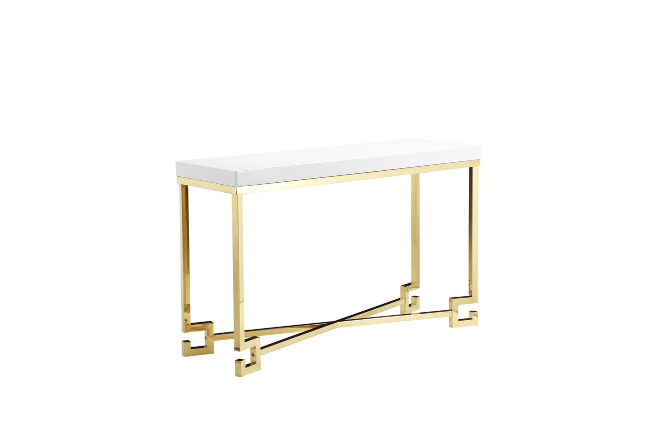 Wooden Console Table with Designer Metal Feet and X Crossed Support, White and Gold