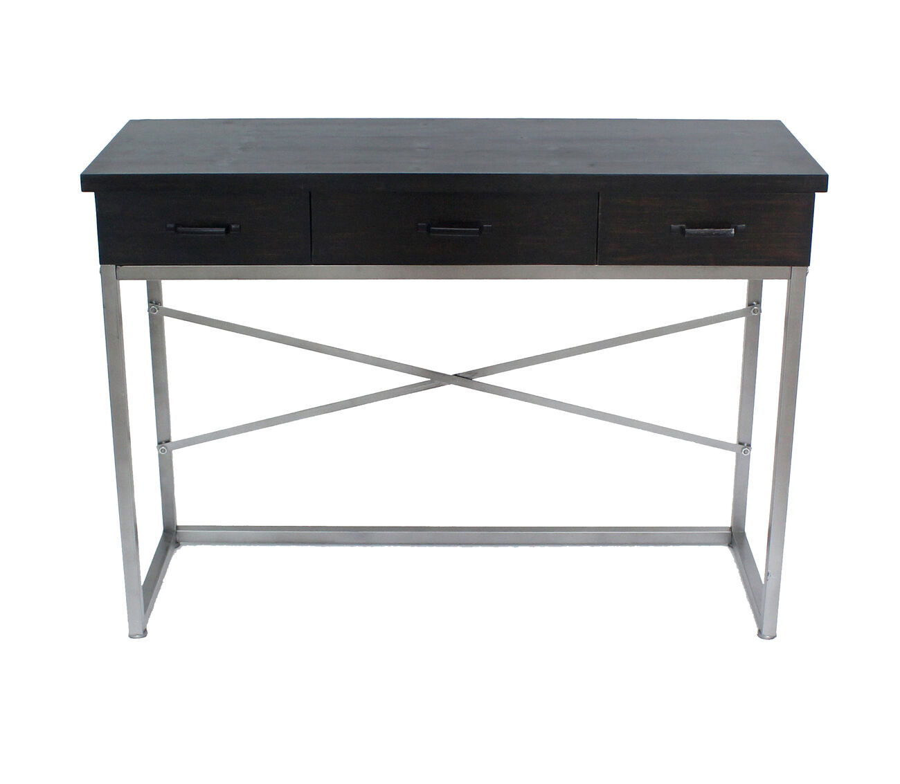 Wooden Console Table with Metal Base and 3 Drawers, Brown and Silver