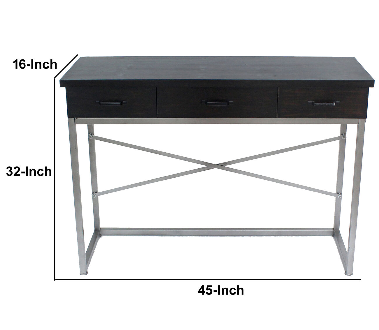 Wooden Console Table with Metal Base and 3 Drawers, Brown and Silver