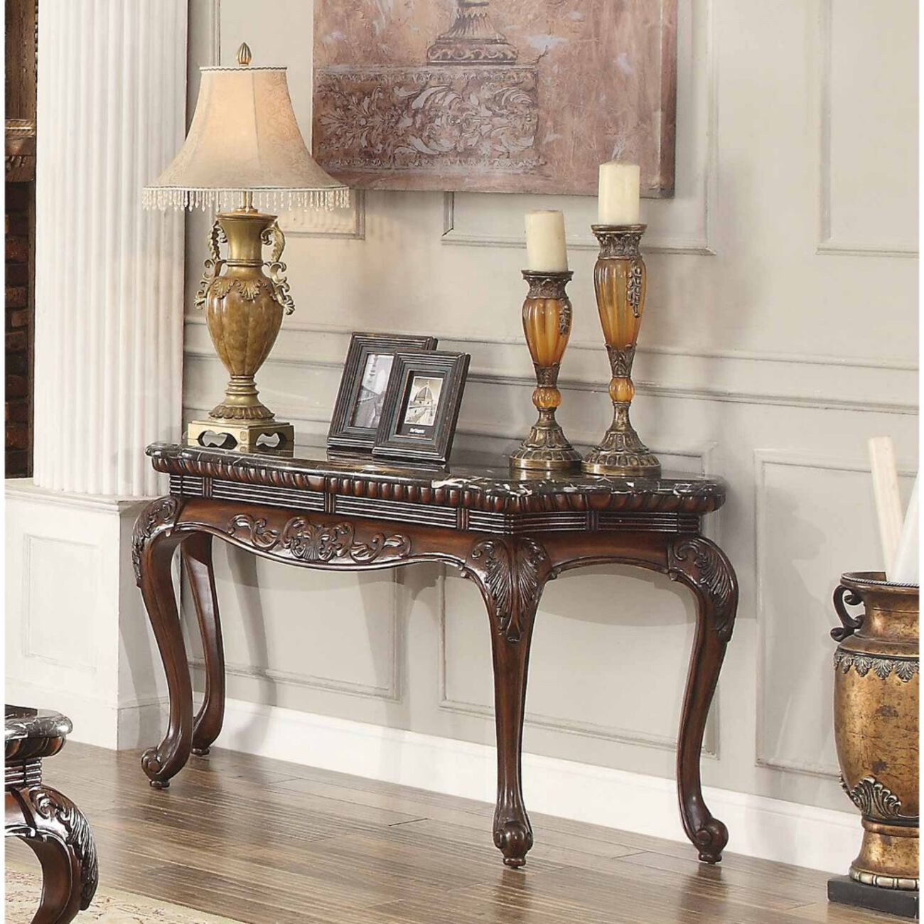 Traditional Style Engraved Sofa Table With Marble Top, Dark Cherry Brown