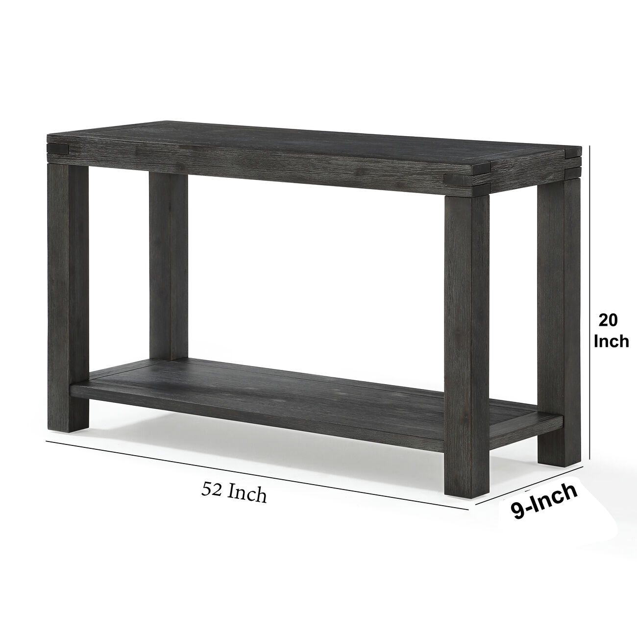 Wooden Console Table with Block Legs and Open Shelf, Dark Gray