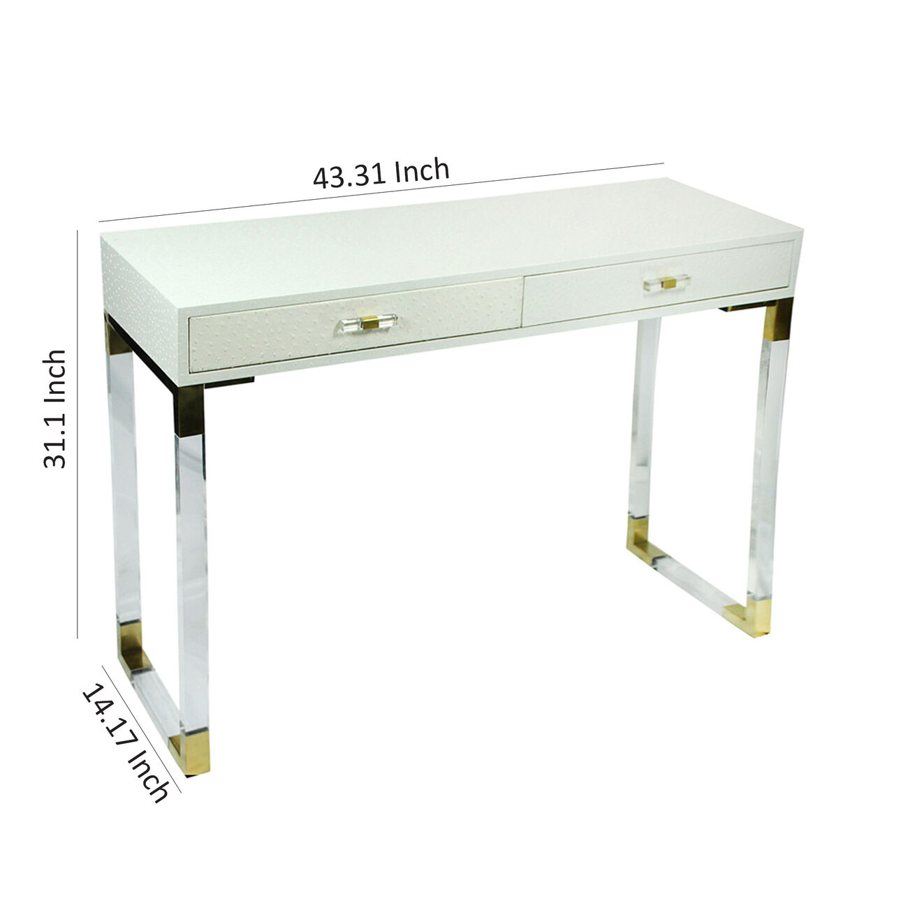 2 Drawer Wooden Console Table with Acrylic Legs, White and Gold