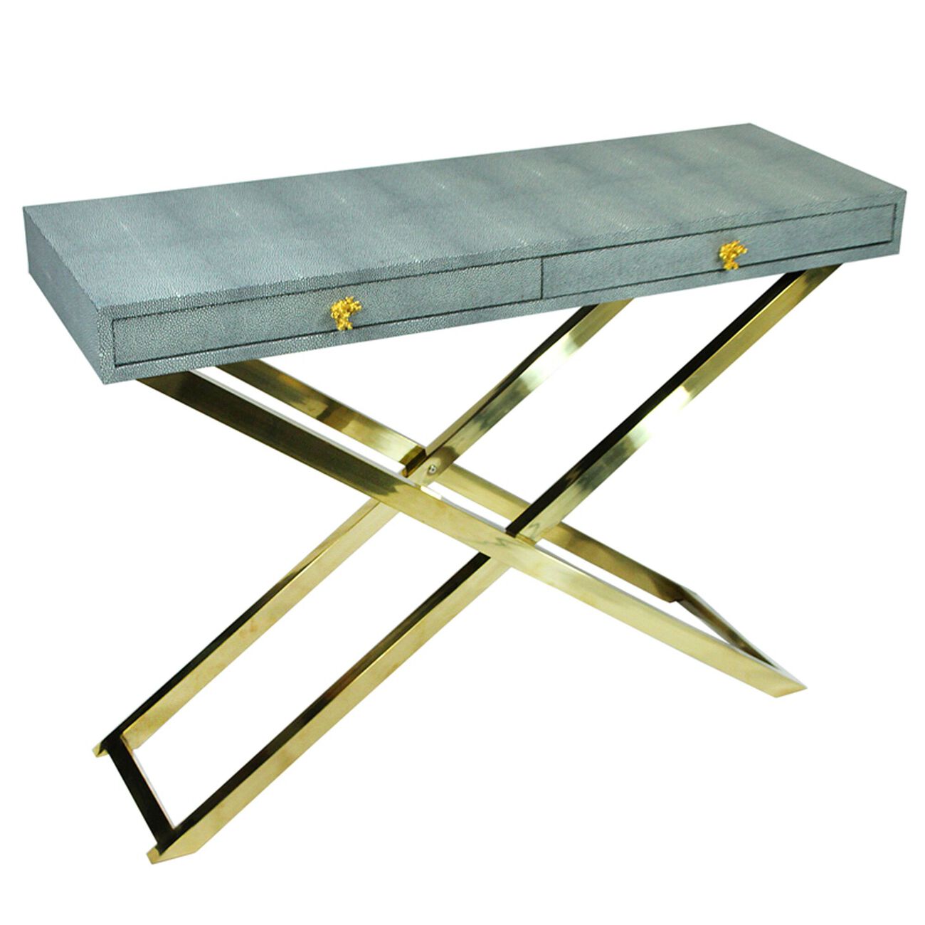 Wood and Metal Folding Console Table with 2 Drawers, Gray and Gold