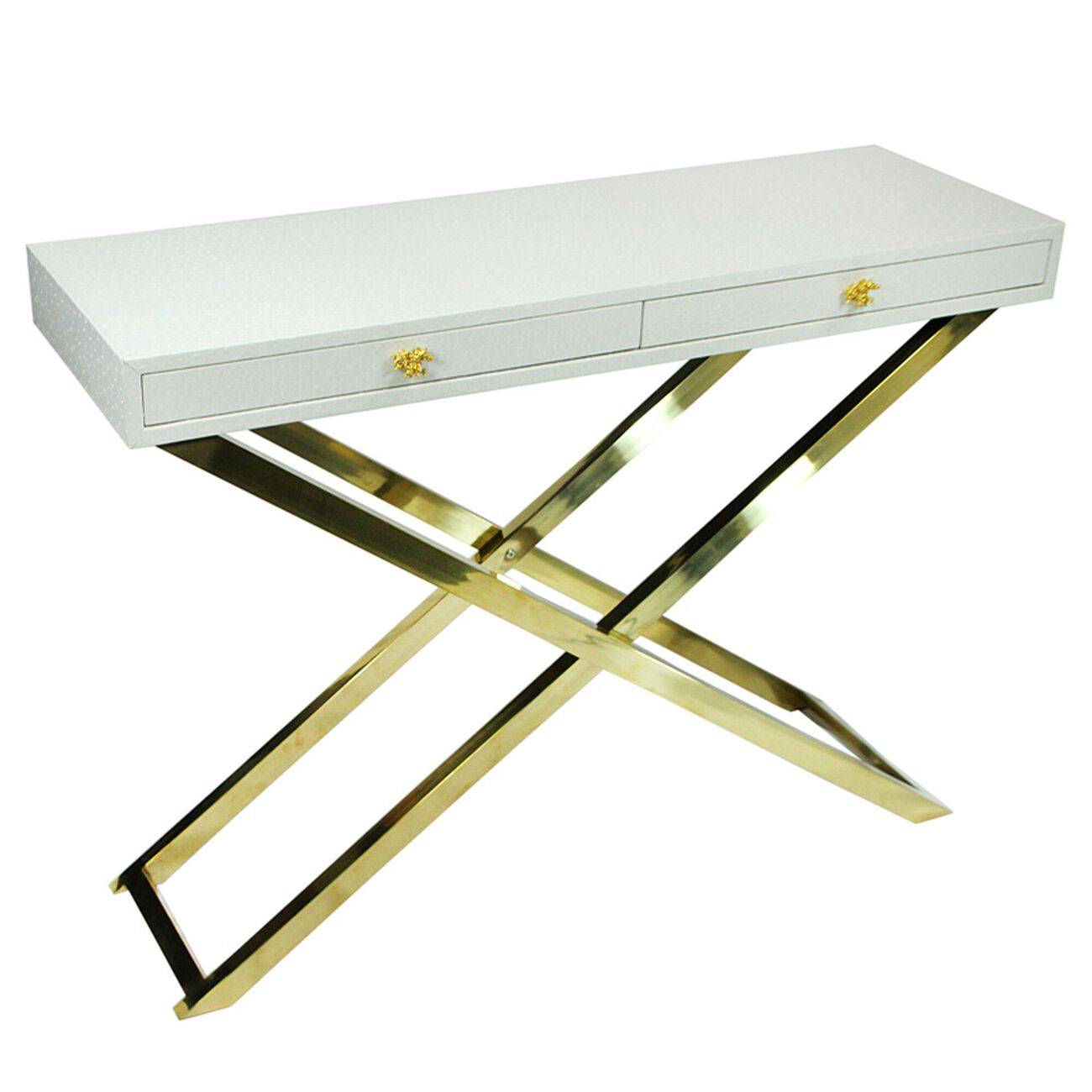 Wood and Metal Folding Console Table with 2 Drawers, White and Gold