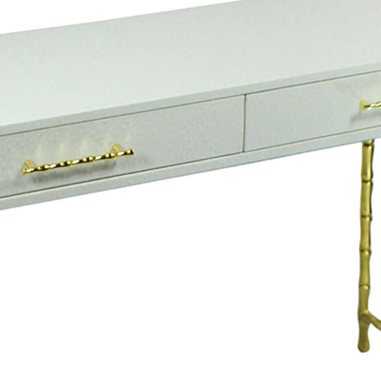 Wood and Metal Console Table with Bamboo Style Legs, White and Gold