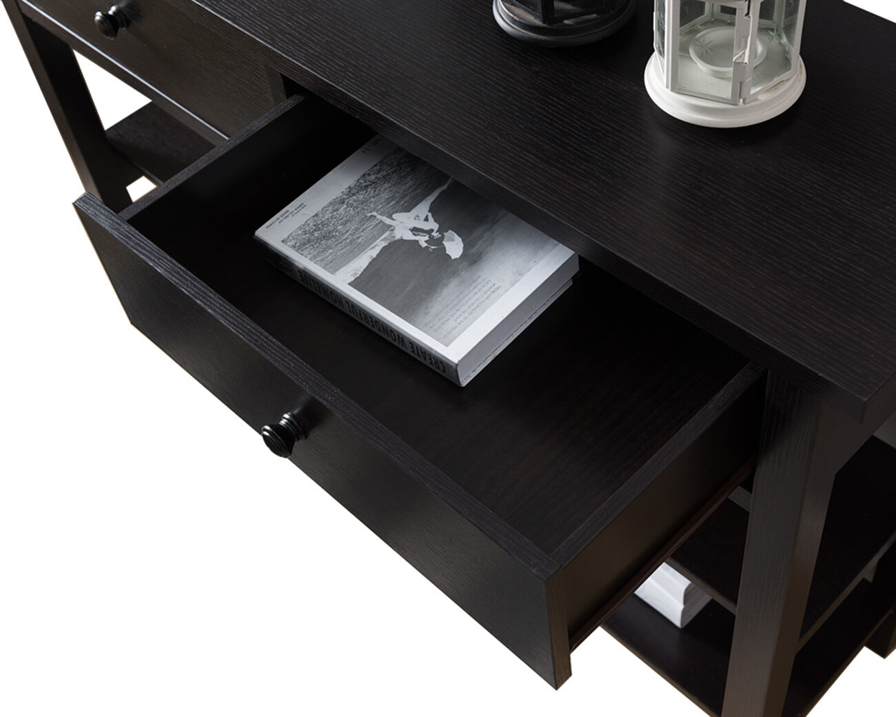 Two Drawer Console Table with Two Open Shelves and Block Legs, Dark Brown