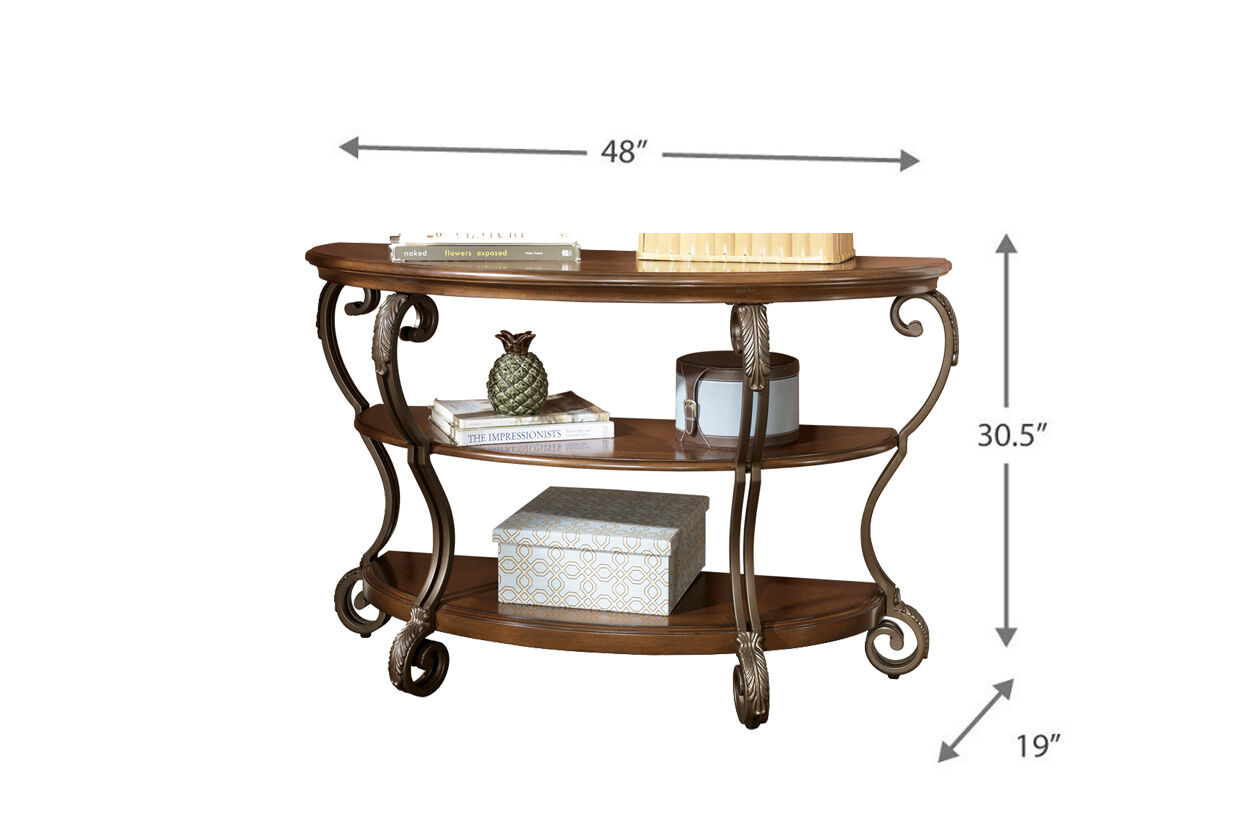Wood and Metal Sofa Table with Acanthus Leaf Carvings, Brown and Bronze