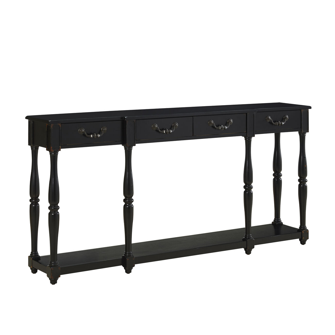 4 Drawer Wooden Console Table with Open Bottom Shelf and Spindle Legs,Black