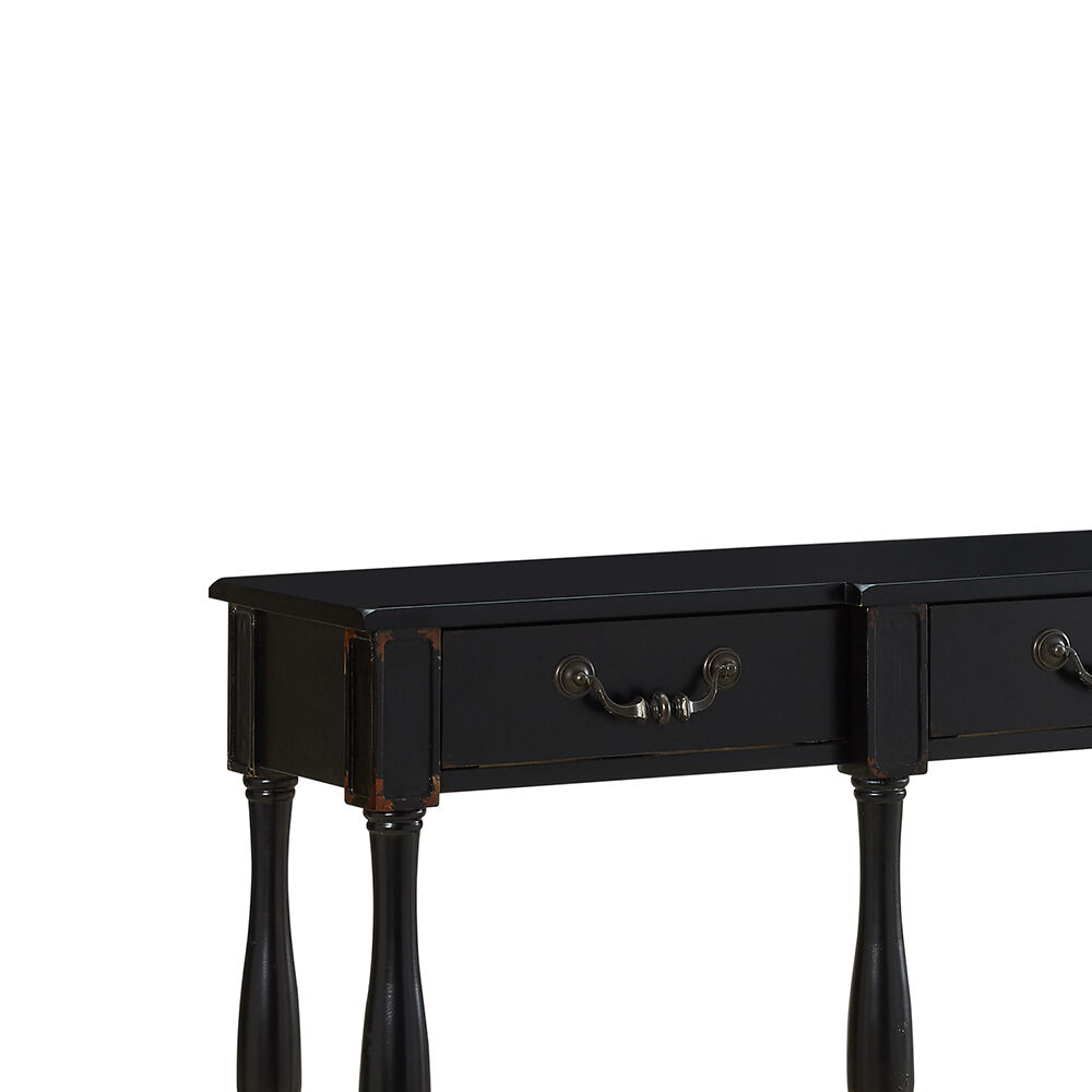 4 Drawer Wooden Console Table with Open Bottom Shelf and Spindle Legs,Black