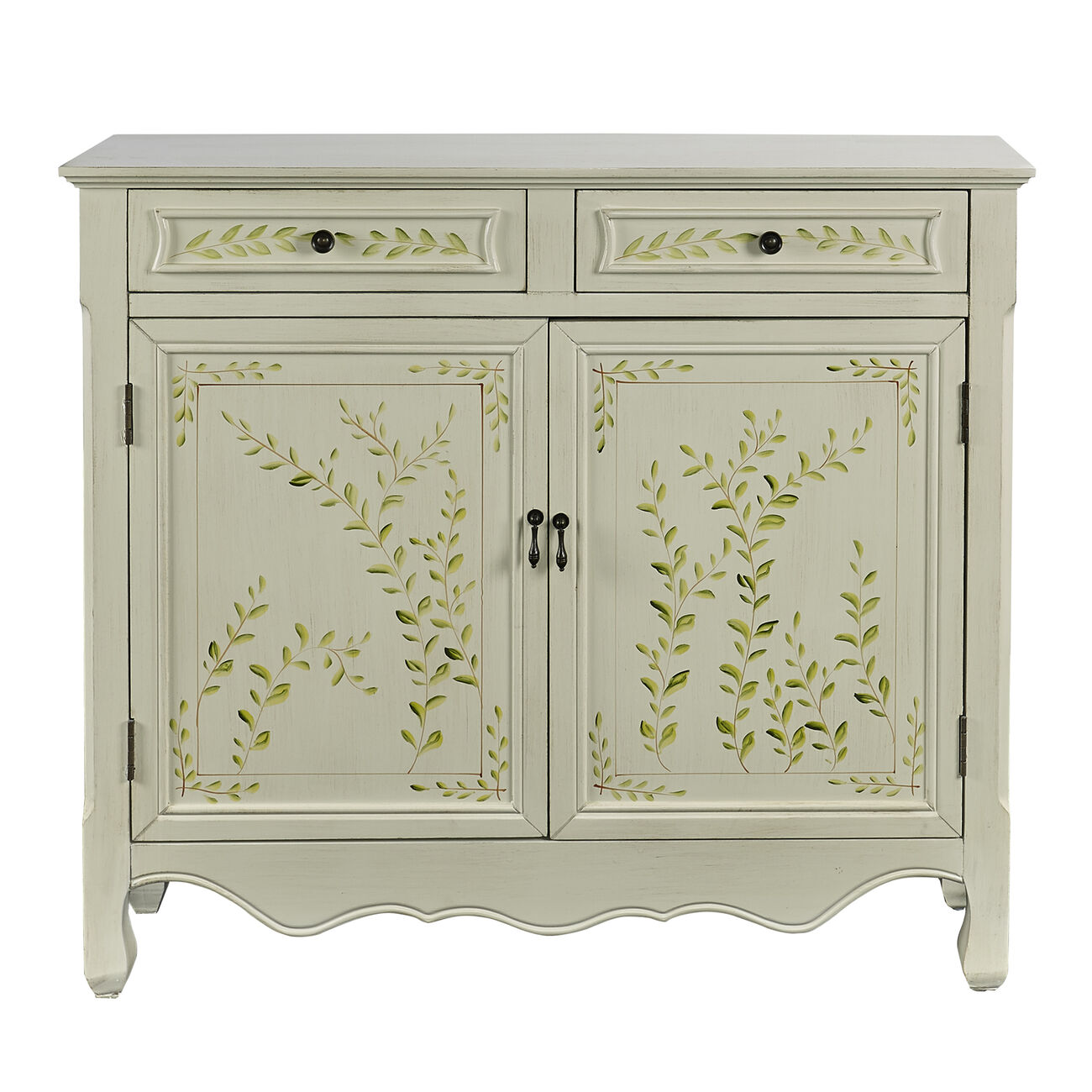 Wooden Hand Painted Console Table with 2 Doors and 2 Drawers, Antique White