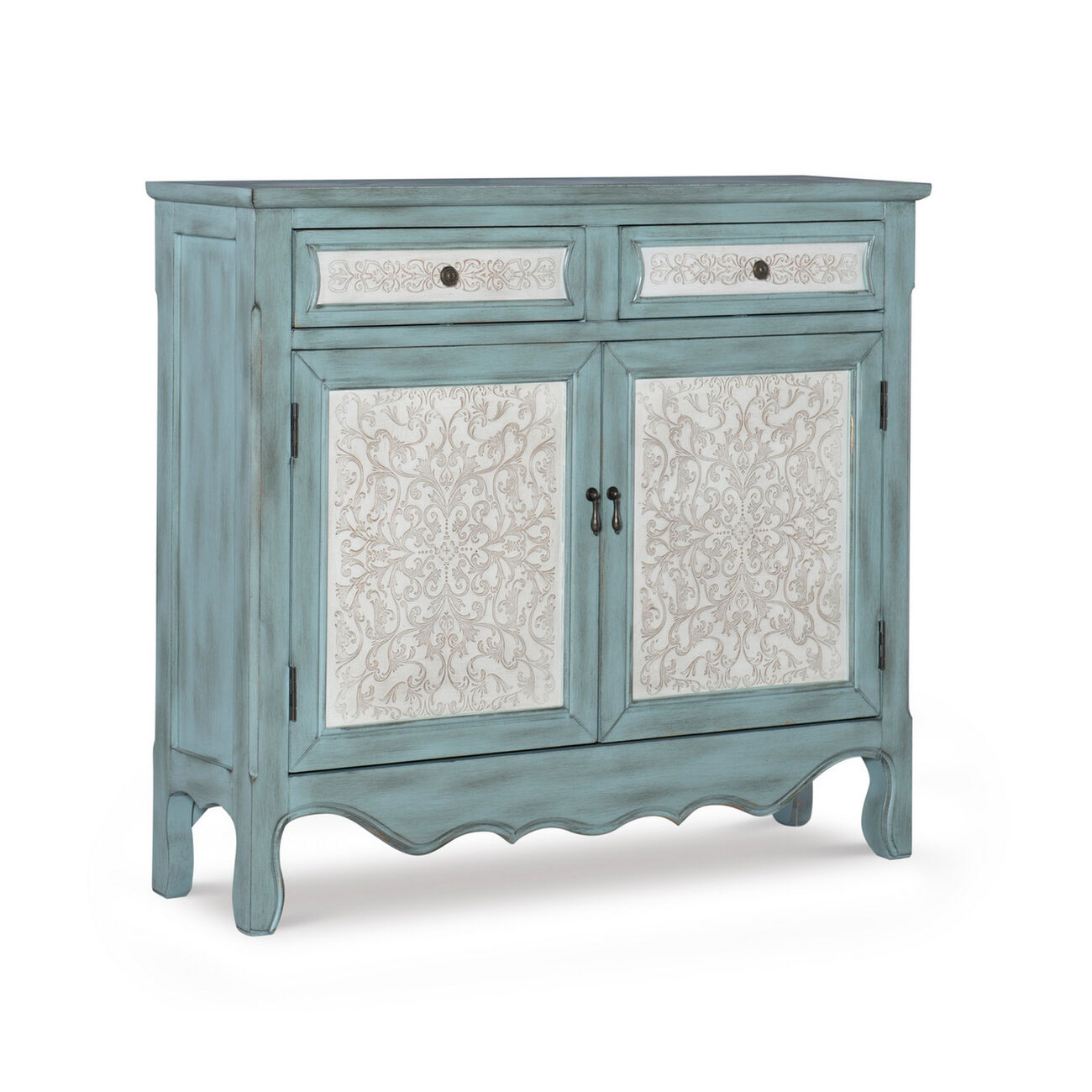 Traditional Style Wooden Console with 2 Door Storage, Blue and White
