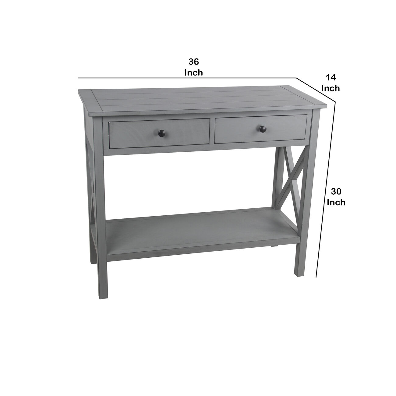 Wooden Console Table with Two Spacious Drawers and X Style Sides, Gray