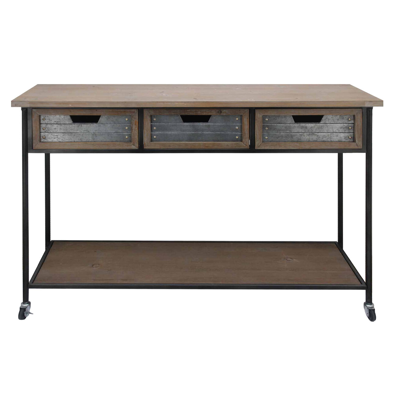 Caster Supported 3 Drawer Wood and Metal Console Table, Brown and Black