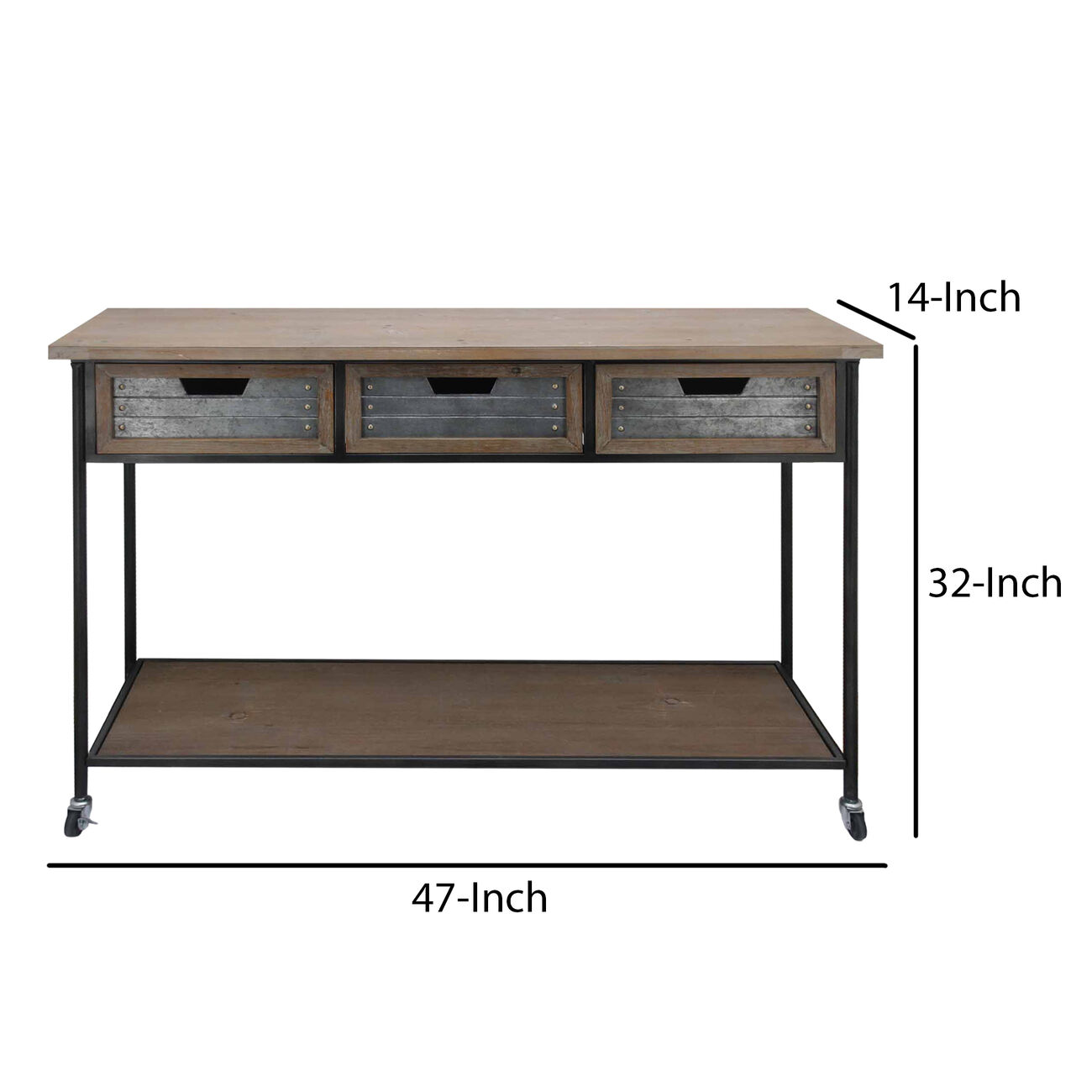 Caster Supported 3 Drawer Wood and Metal Console Table, Brown and Black