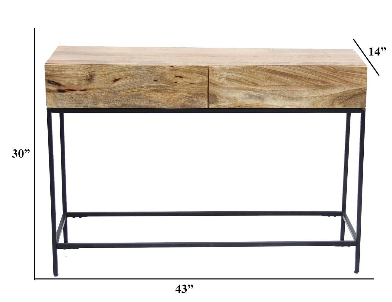 Mango Wood and Metal Console Table With Two Drawers, Brown