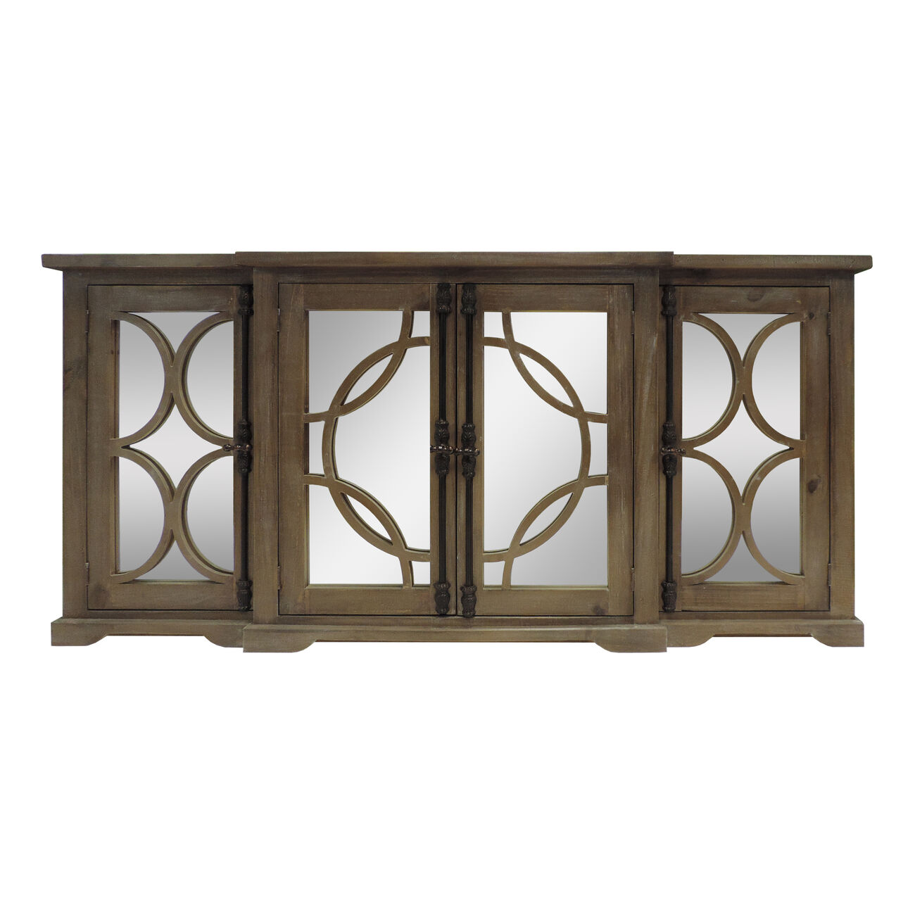 4 Door Wooden Console with Circled Design Mirrored Front, Brown