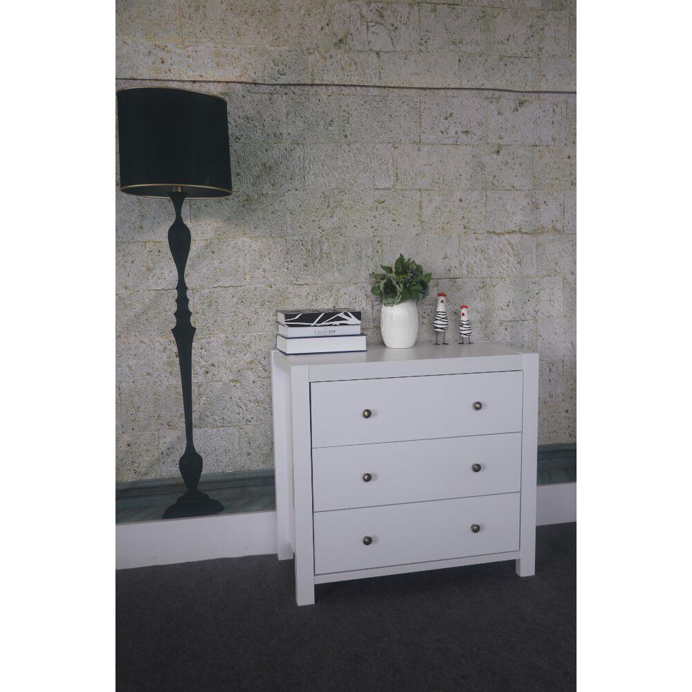 Capacious Shiny White Finish 3 Drawers Chest With Metal Glides.