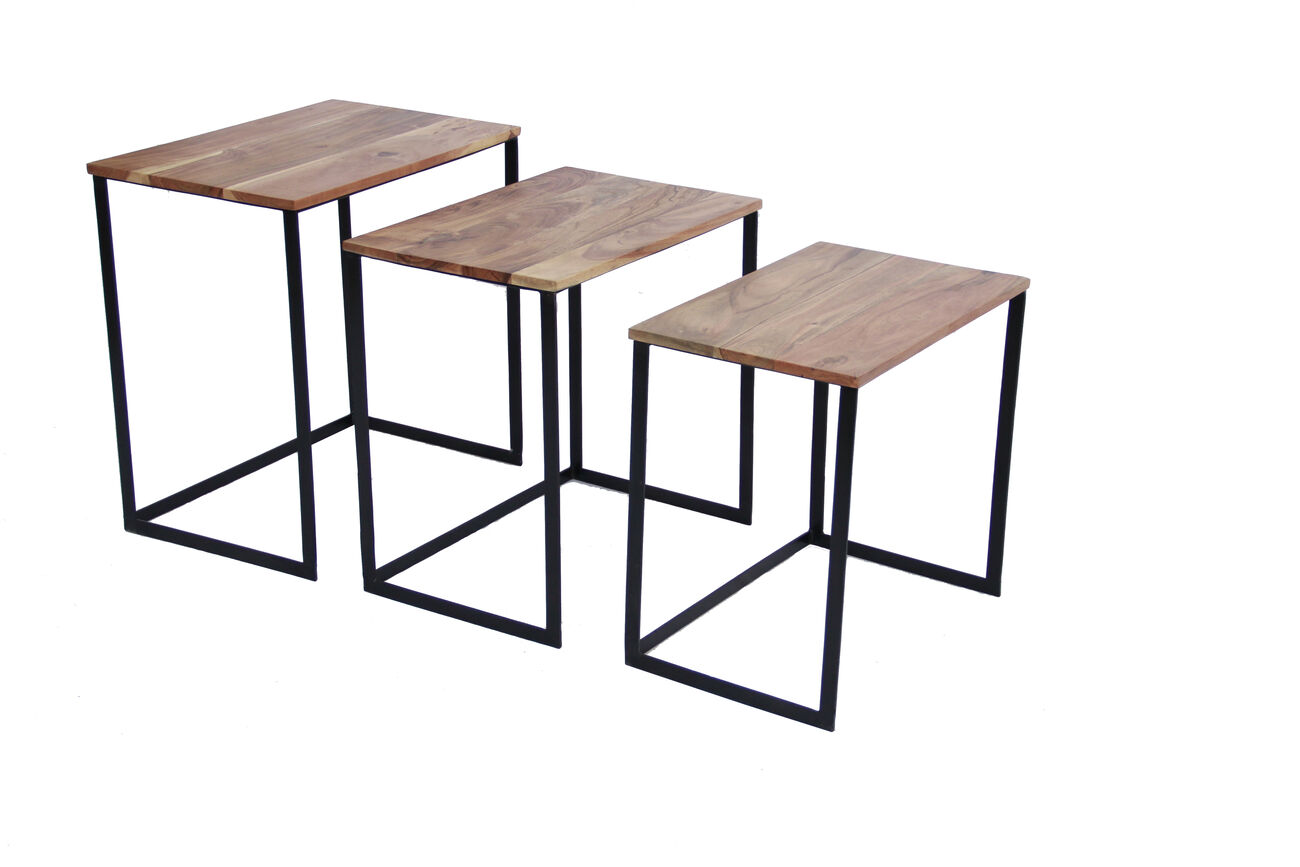 Wooden Nesting Coffee End Tables With Metal Base, Set Of 3, Brown And Black