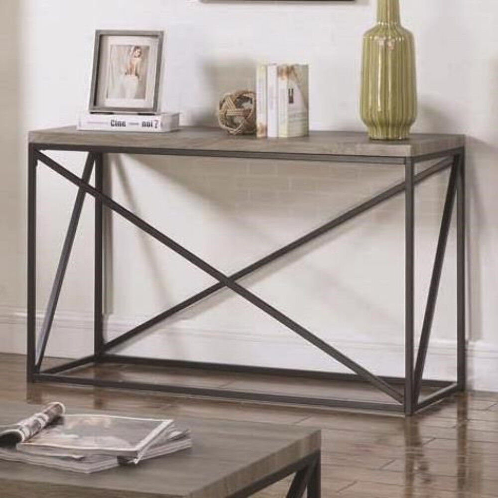 Industrial Style Minimal Sofa Table With Wooden Top And Metallic Base, Gray