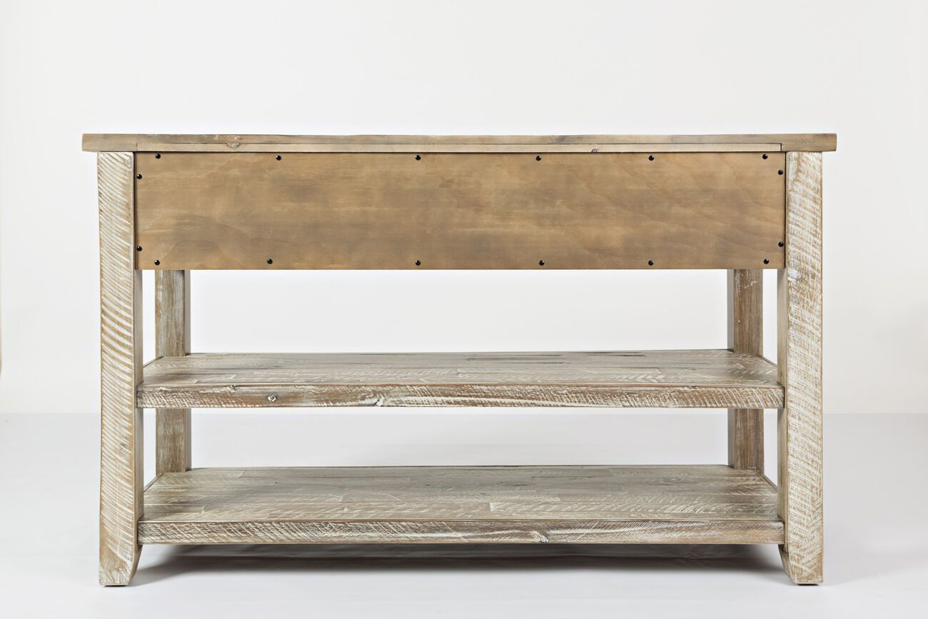 Wooden Sofa Table With Three Drawers And Two Open Shelves , Washed Gray