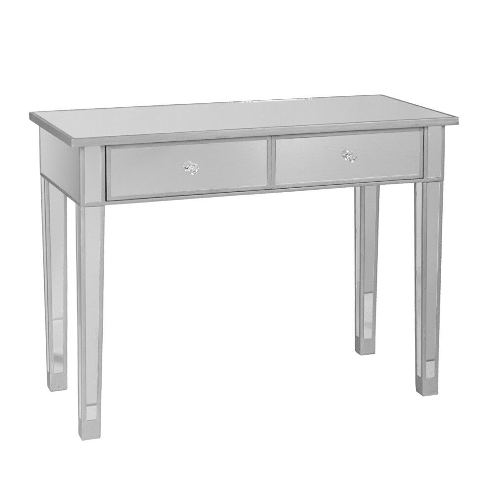 2 Drawer Wooden Console Table with Mirror Inserts, Silver and Gray