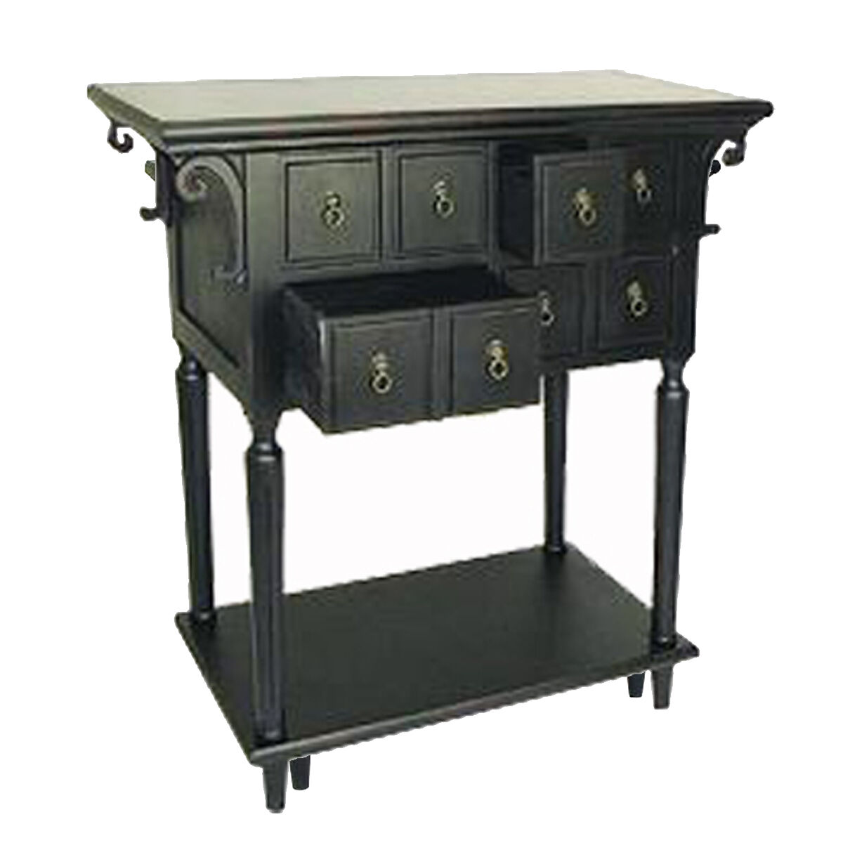 Hand Finished 6 Drawers Console Table with 1 Bottom Shelf, Antique Black