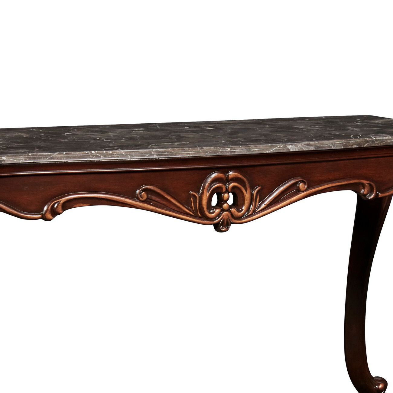 Wooden Console Table with Marble Top and Carved Details, Gray and Brown