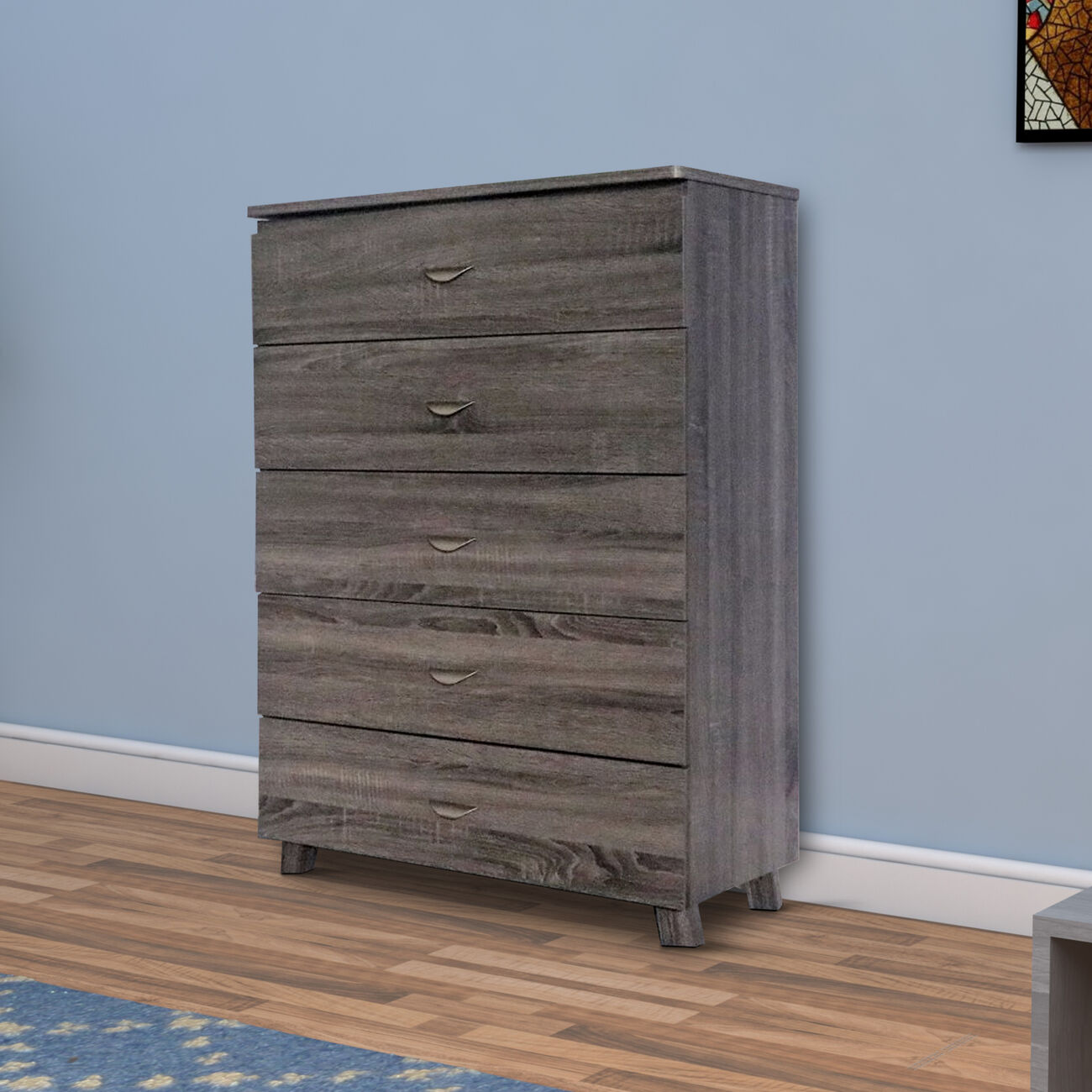 Capacious Gray Finish Chest With 5 Drawers On Metal Glides.