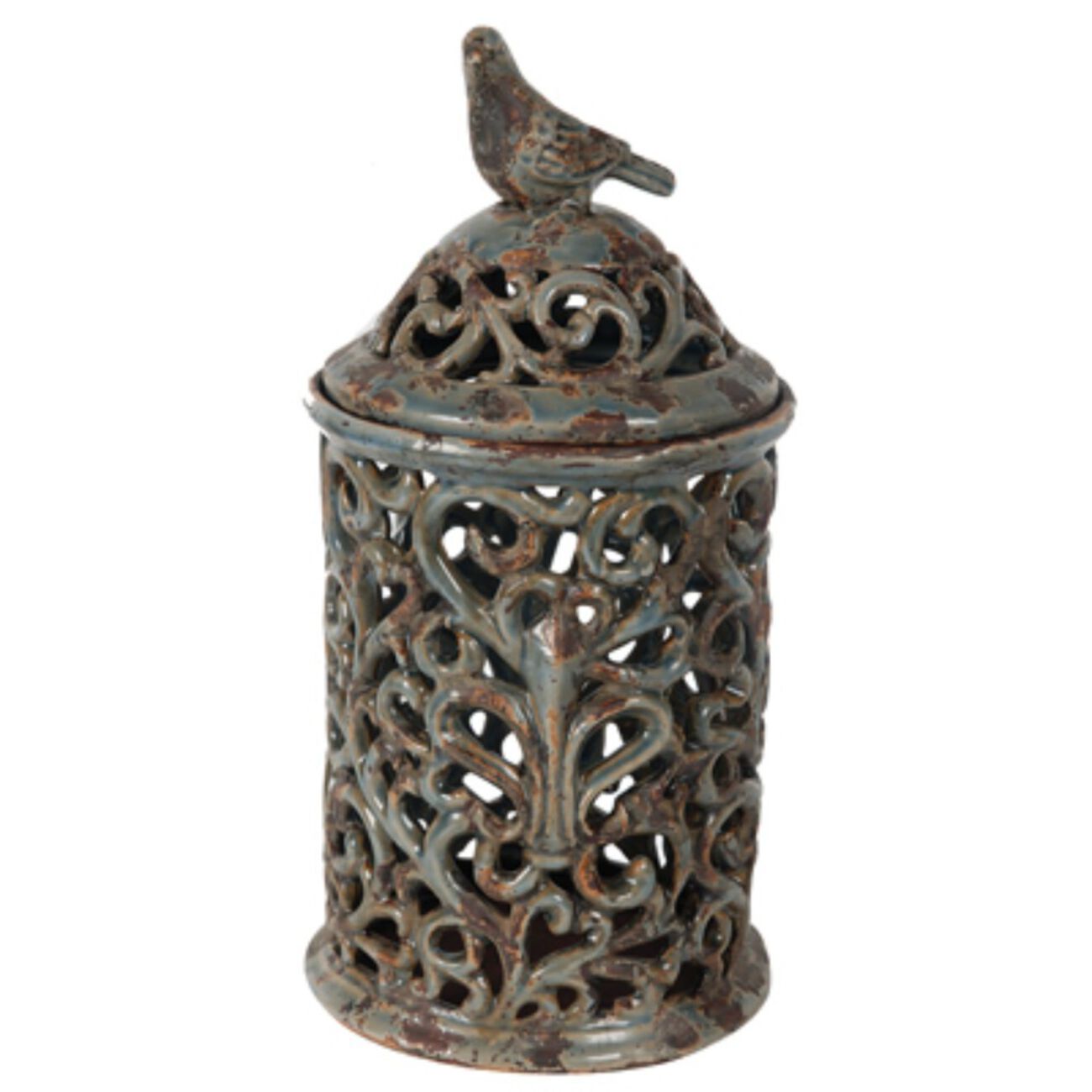 Tall Rustic Ceramic Jar with Bird Finial, Blue